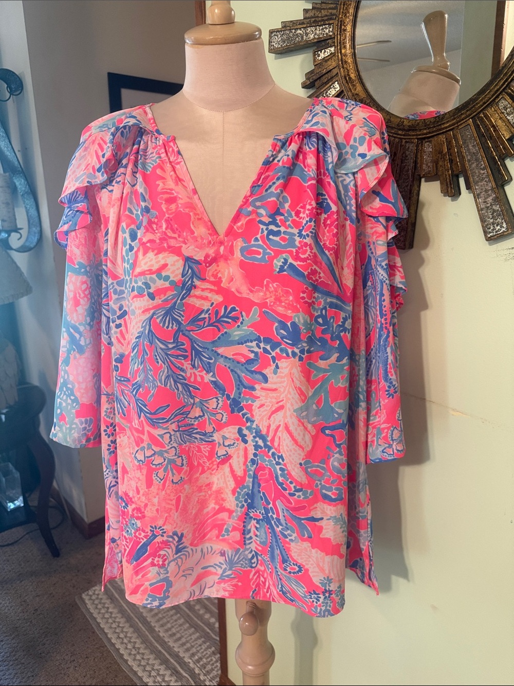 Lilly Pulitzer Pink & Blue V-Neck Ruffle Sleeve Tunic Top